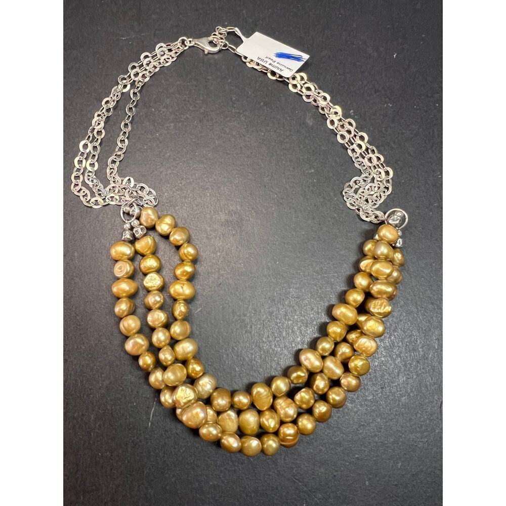 NEW golden green freshwater pearl and sterling silver necklace